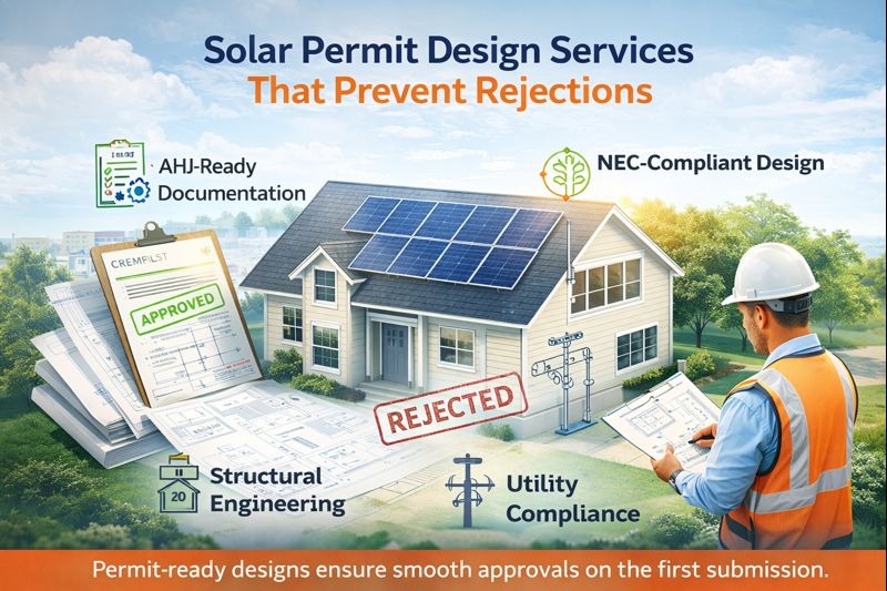 Solar permit design services with AHJ-ready documentation, NEC-compliant electrical design, and structural engineering to prevent permit rejections