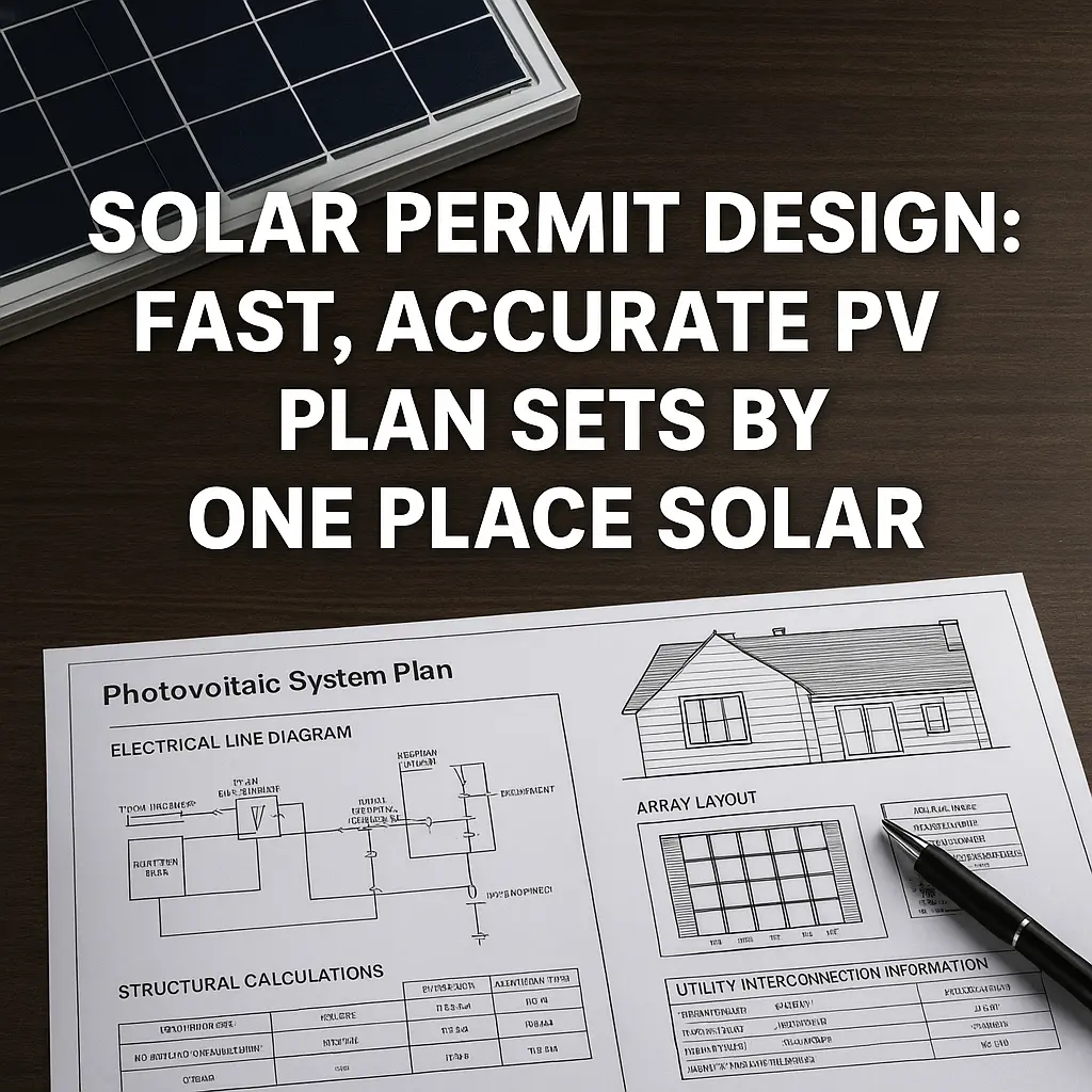 Realistic solar permit design setup showing a photovoltaic panel and detailed PV plan documents, including electrical line diagrams, array layouts, and structural calculations on a wooden table.
