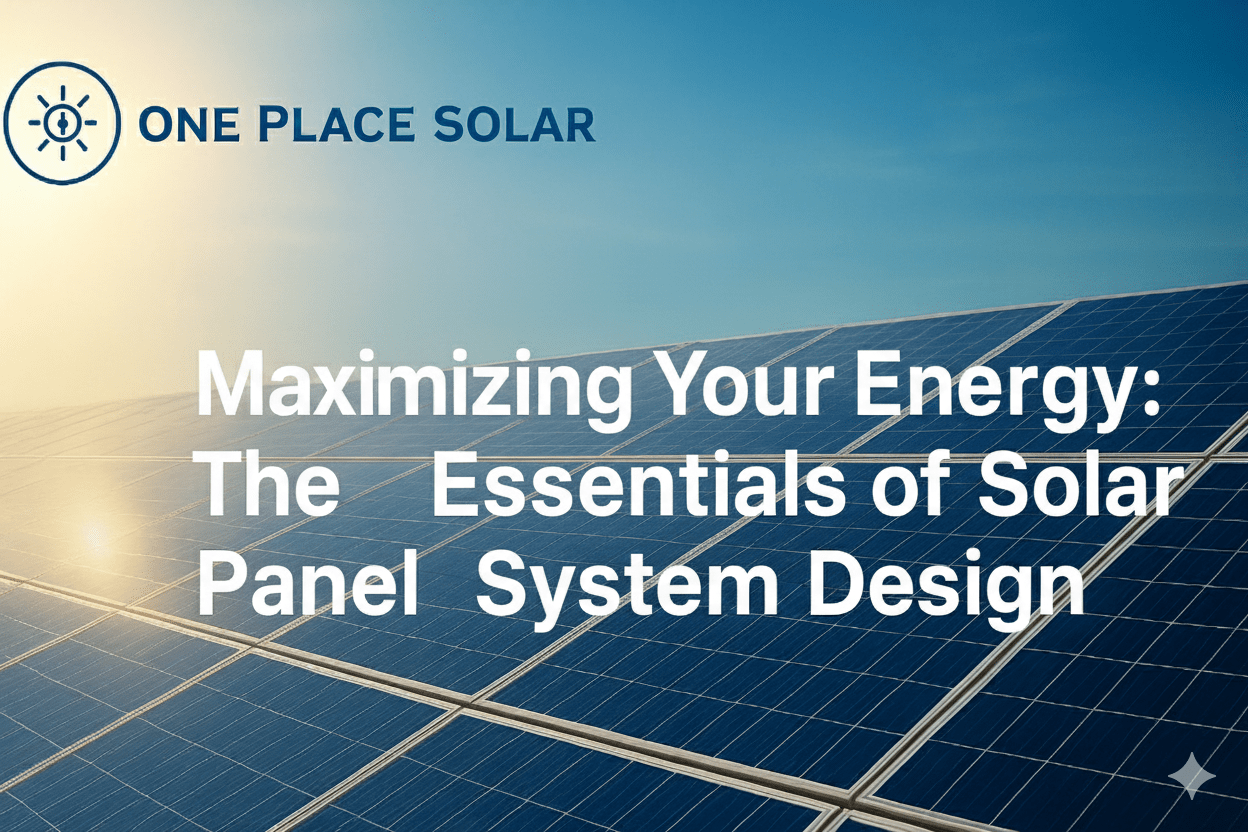 A promotional graphic featuring a close-up of blue solar panels under a bright sun and clear sky. The top left shows the "ONE PLACE SOLAR" logo. Large white text overlaid on the panels reads: "Maximizing Your Energy: The Essentials of Solar Panel System Design."